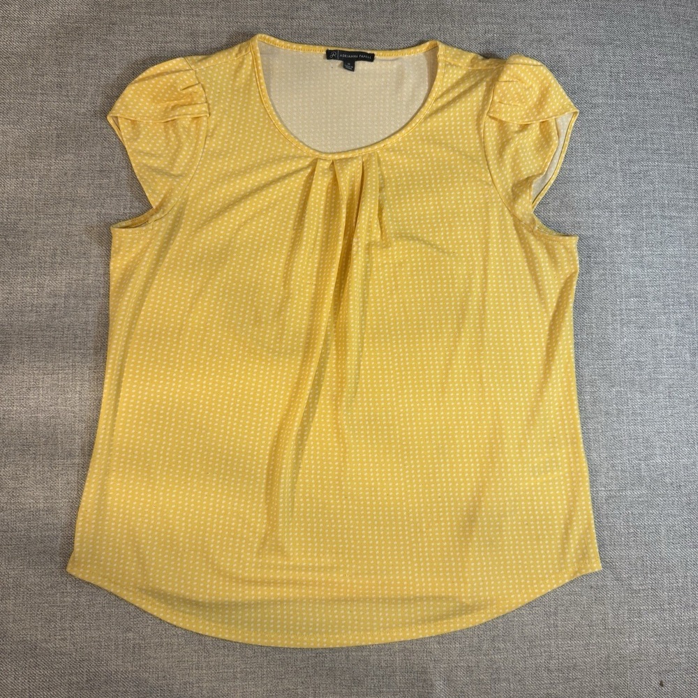 Adrianna Papell Yellow Polka Dot Blouse Womens Puff Sleeve Ruched Career Top